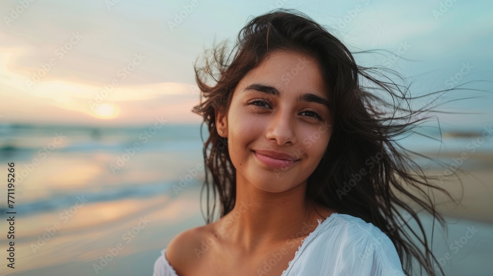 Portrait of young woman at sea looking at camera. Smiling latin hispanic girl standing at the beach with copy space and looking at camera. Portrait of young woman at sea looking at camera. Smiling latin hispanic girl standing at the beach with copy space and looking at camera.