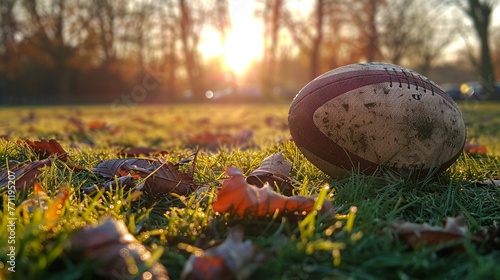 Rugby ball on grass sunset casting golden hues long shadows serene endofday game atmosphere photo