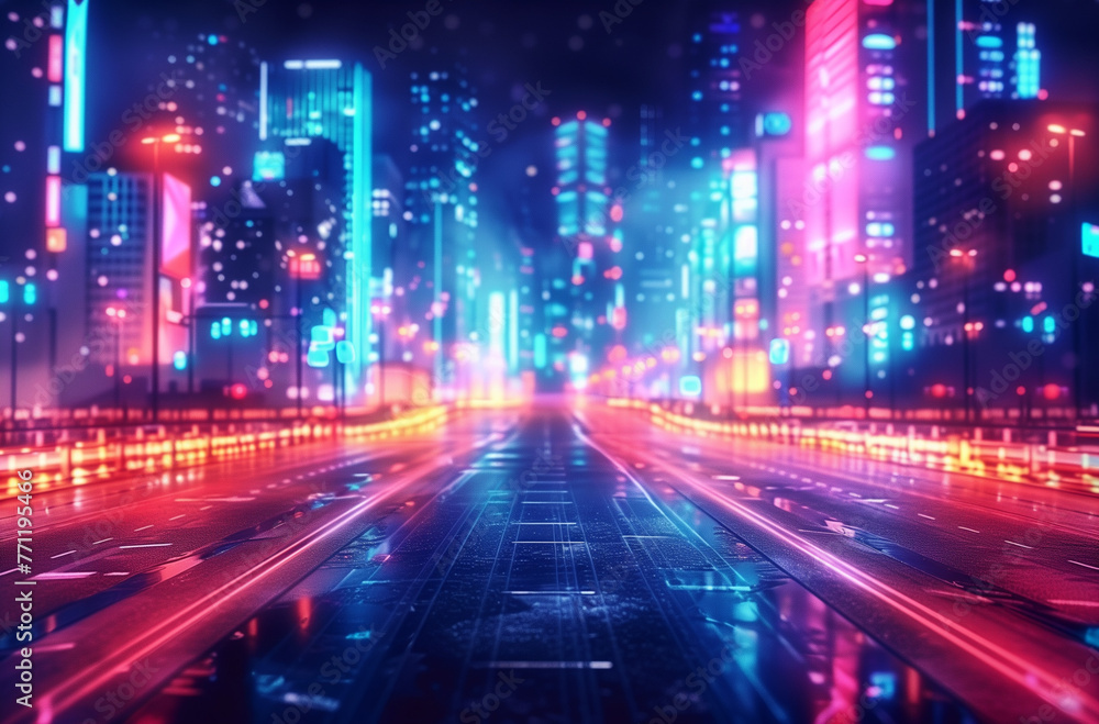 A blurred background of a neon-lit cityscape at night, with skyscrapers and streets glowing in vibrant colors, creates an atmosphere reminiscent of cyberpunk aesthetics. In the foreground is an empty
