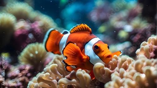 close-up  of  a  stunning  clown  fish   also  known  as  an  anemonefish   Amphiprion  ocellaris    swimming  elegantly  amid  a  vivid  coral  reef.