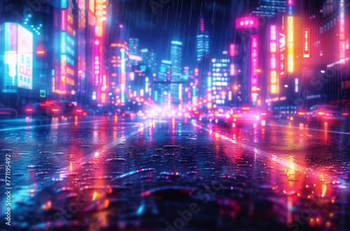Abstract cityscape background with neon lights and skyscrapers on the street, in the cyberpunk style. A blurred road leading to an unknown future or distant cities. 