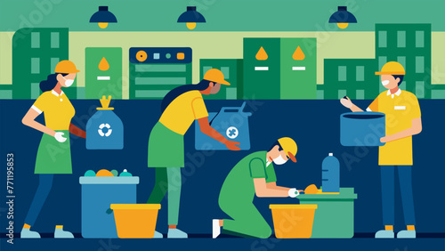 A factory floor full of employees diligently sorting and separating recyclable and nonrecyclable waste showcasing a companys dedication to