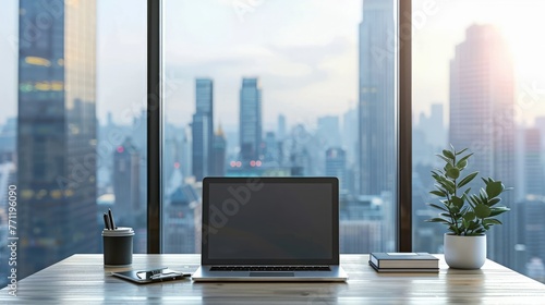 Workplace with notebook laptop Comfortable work table in office windows and city view.