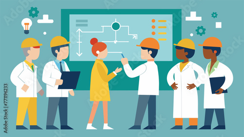 A photo of a row of workers in lab coats and hardhats huddled around a whiteboard covered in diagrams and equations. This scene showcases the