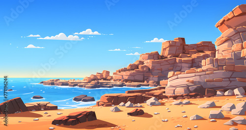 a sandy beach with some rocks and sea water