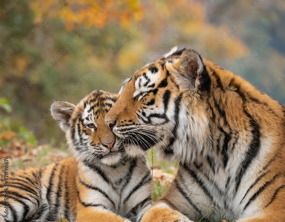 Mother tiger and her cub playing in the autumn forest. Wildlife scene from nature.