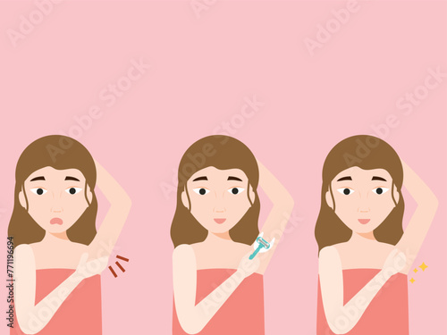 Women applying removal methods to armpit hair. Using strep and wax epilation. Skincare and beauty concept.