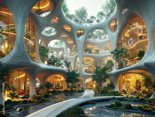 Buildings of futuristic architecture fused with sustainable modern technology