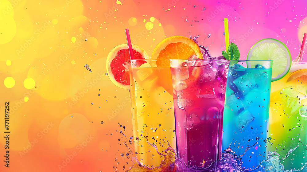 Colorful mocktails on a bright rainbow background, summer drinks, copy space, Colorful party drinks with bubbles  - obrazy, fototapety, plakaty 