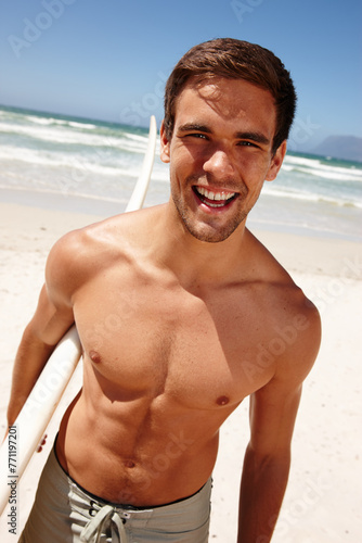 Photography Man, beach and surfboard for surfing or portrait with happiness, adventure and fitness with blue sky
