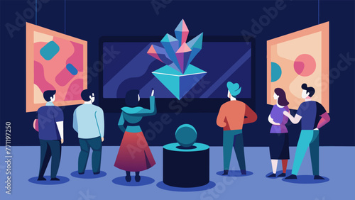 At a gallery opening guests are viewing a collection of abstract digital sculptures projected onto a large screen. The artist surrounded by a