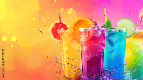 Colorful mocktails on a bright rainbow background, summer drinks, copy space, Colorful party drinks with bubbles  photo