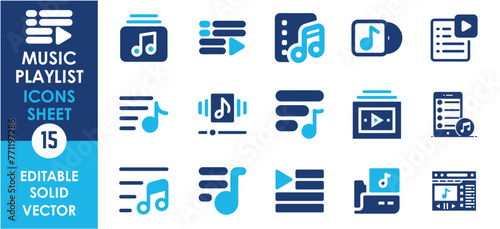 Music playlist icon collection on duotone color. Flat music playlist icons set.