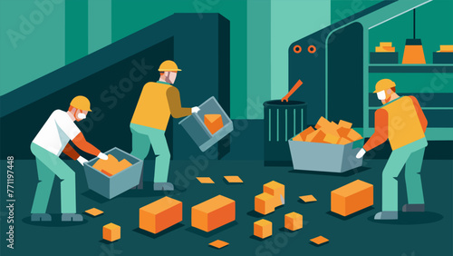 A busy corner of the factory floor where workers are actively crushing and compacting waste materials into cubes preparing them for transport