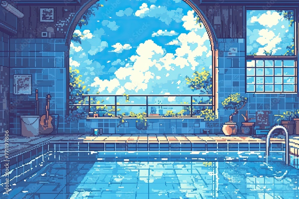pixel art of an outdoor swimming pool, blue water, surrounded by tropical plants and potted ferns, pixel style, pixelated, pixelart  - obrazy, fototapety, plakaty 