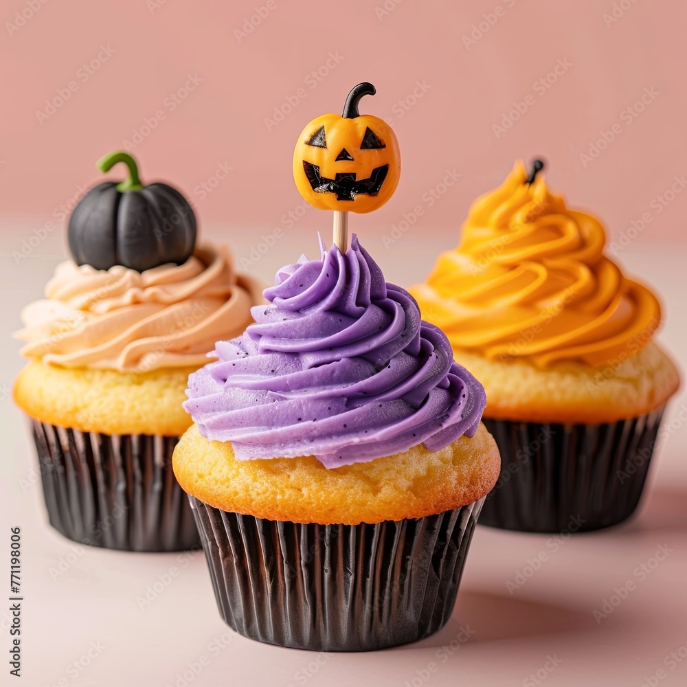 Three cupcakes Halloween toothpick circle on top pumpkin on bright pastel background. Copy space. Three cupcakes Halloween toothpick circle on top pumpkin on bright pastel background. Copy space.