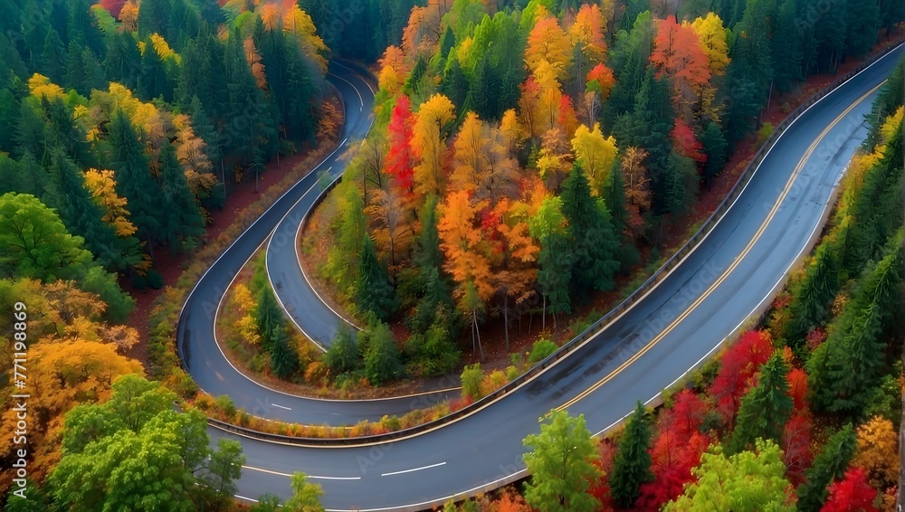 Fototapeta premium Elevated view showcasing the graceful curves of a road amid a vibrant forest, highlighted by seasonal rains Generative AI