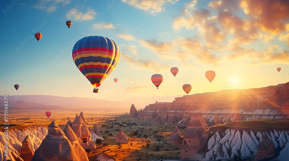 Colorful hot air balloons flying over rock landscape nature exploration serene beauty background
