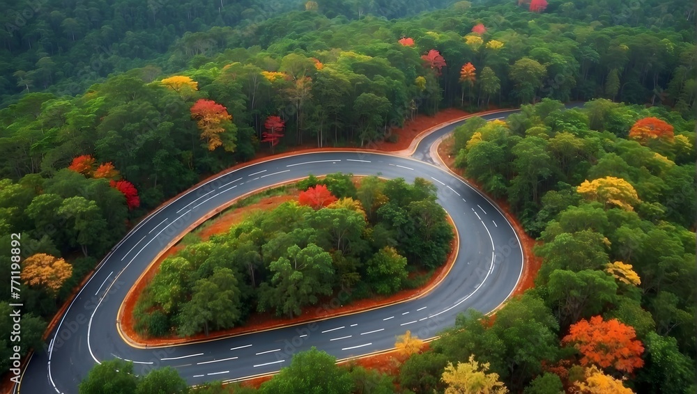 Elevated view showcasing the graceful curves of a road amid a vibrant forest, highlighted by seasonal rains Generative AI Elevated view showcasing the graceful curves of a road amid a vibrant forest, highlighted by seasonal rains Generative AI