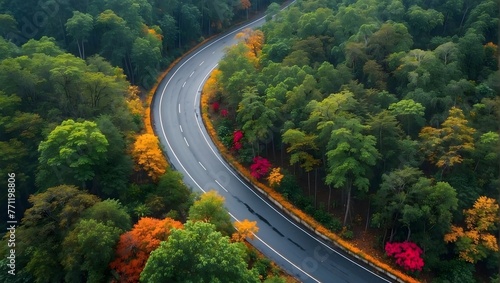 Elevated view showcasing the graceful curves of a road amid a vibrant forest, highlighted by seasonal rains Generative AI