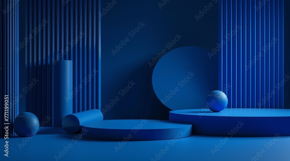 Blue background with geometric shapes and podiums for product presentation in the style of minimalistic Blue background with geometric shapes and podiums for product presentation in the style of minimalistic
