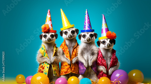 Funny meerkat in colorful birthday get up adorable cheerful joyful entertaining blue wall background photo