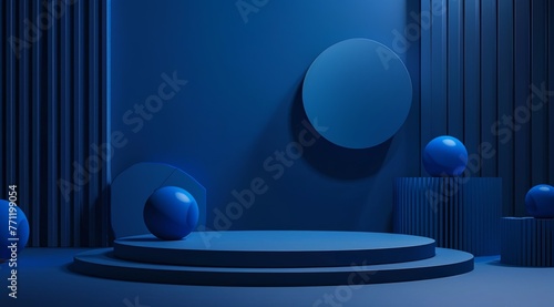 Blue background with geometric shapes and podiums for product presentation in the style of minimalistic