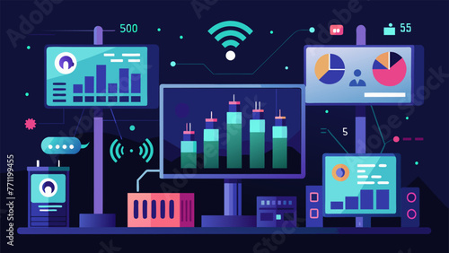 A series of illuminated screens that showcase realtime data being transmitted through an advanced 5G network highlighting the efficiency and
