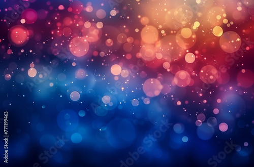 Starry sky. Blurred background of lights in blue and red colors. Background for design, banner, cover or presentation. Abstract bokeh light effect. Shiny glowing round blur.