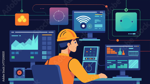 A detailed shot of a worker monitoring multiple screens displaying realtime data showcasing the crucial role that 5G plays in powering seamless