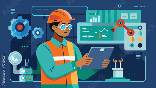 A maintenance technician using AR technology to troubleshoot a machine malfunction with detailed virtual instructions and realtime sensor