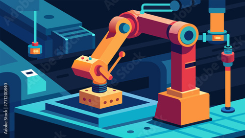 Closeup of a robotic arm in action inside a microfactory carefully embling intricate components with precision and speed. Bright LED lights