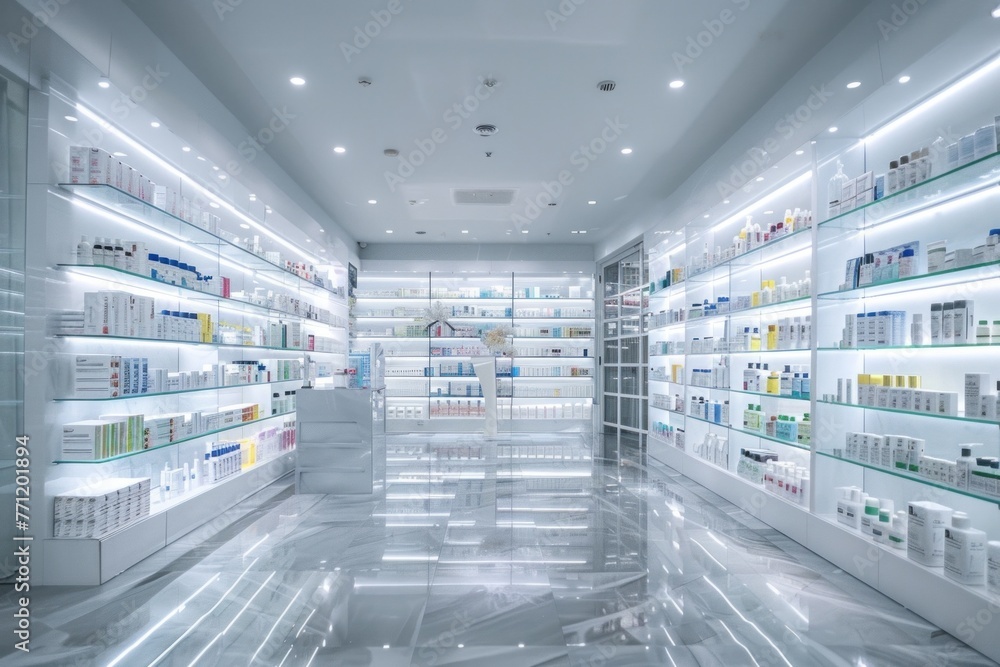 Immaculate, modern pharmacy interior with sleek shelves stocked with pharmaceuticals and health products.