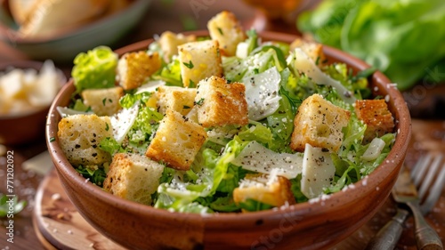 A bowl of classic Caesar salad with croutons and Parmesan