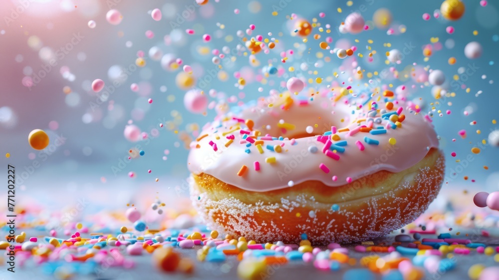 A burst of multicolored sprinkles falling onto a frosted doughnut A burst of multicolored sprinkles falling onto a frosted doughnut