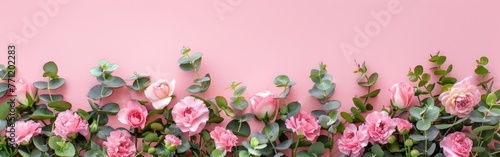 Pink Flower and Eucalyptus Composition on Pastel Background - Top View Flat Lay with Copy Space