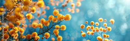 Spring Celebration: Blue Banner Adorned with Mimosa Branch for Holiday Greetings