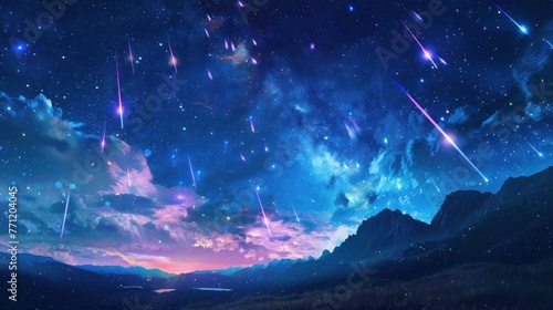 Celestial phenomenon with shooting stars streaking across night sky in dazzling display.
