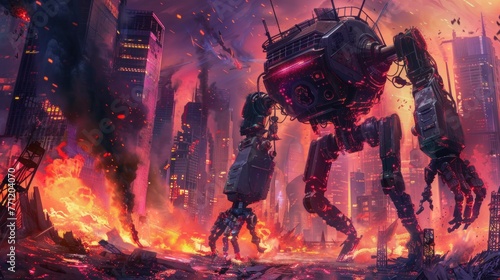 Paramilitary robot marching through a blazing cityscape.