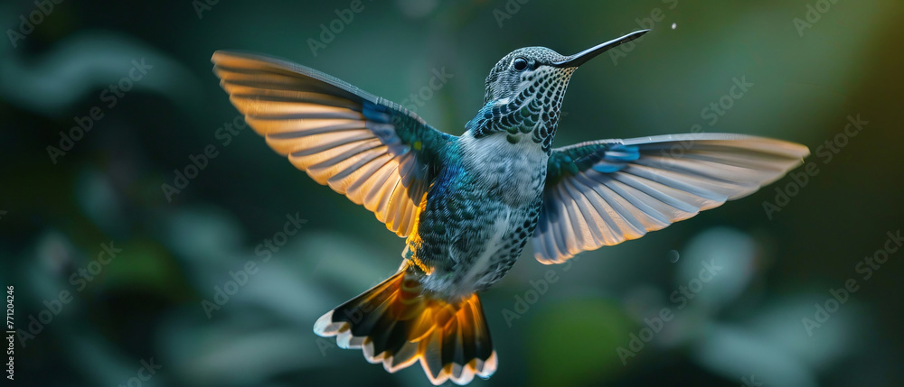 Fototapeta premium Macro shot of a hummingbird in flight, iridescent feathers glowing,