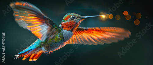 Macro shot of a hummingbird in flight, iridescent feathers glowing,
