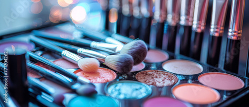 Macro shot of a makeup artist's palette and brushes, photo