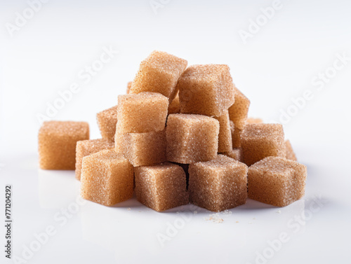 Close-up of group of brown sugar cubes on white Background, diet and health concept. Generative AI.