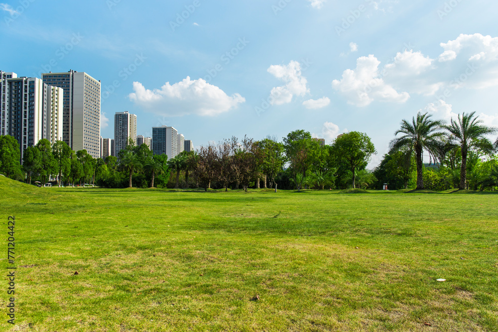 Outside the flat and vast square is a vast urban park, under a clear sky in summer