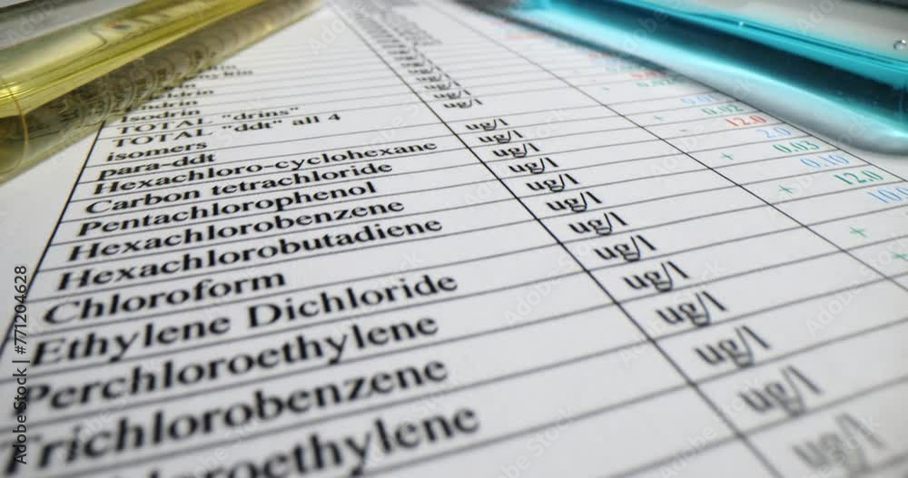 Test tubes containing diverse liquids rest on laboratory sheet Test tubes containing diverse liquids rest on laboratory sheet