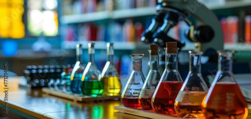 Laboratory Flasks with Colorful Chemical Solutions.