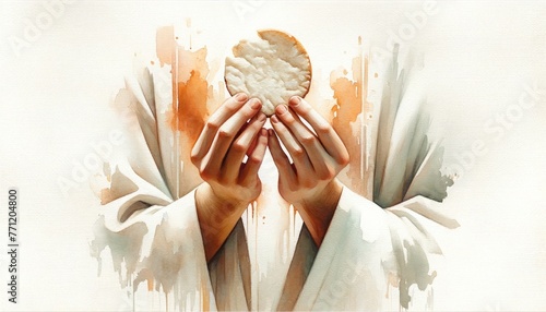 Hands blessing the Sacred Host. Digital painting.