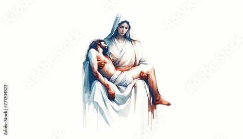 Jesus, taken down from the cross, is given to his mother Mary. Sixth Sorrow. Jesus Christ in Mary's arms on a white background. Vector illustration.