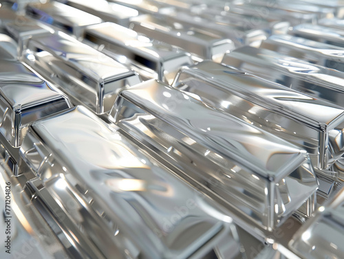 Silver bars stacked with precision, reflecting a soft light,