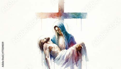 Sixth Sorrow. Mother Mary cradling Christ's body.  Watercolor cross in the backgound. Digital illustration. © Faith Stock